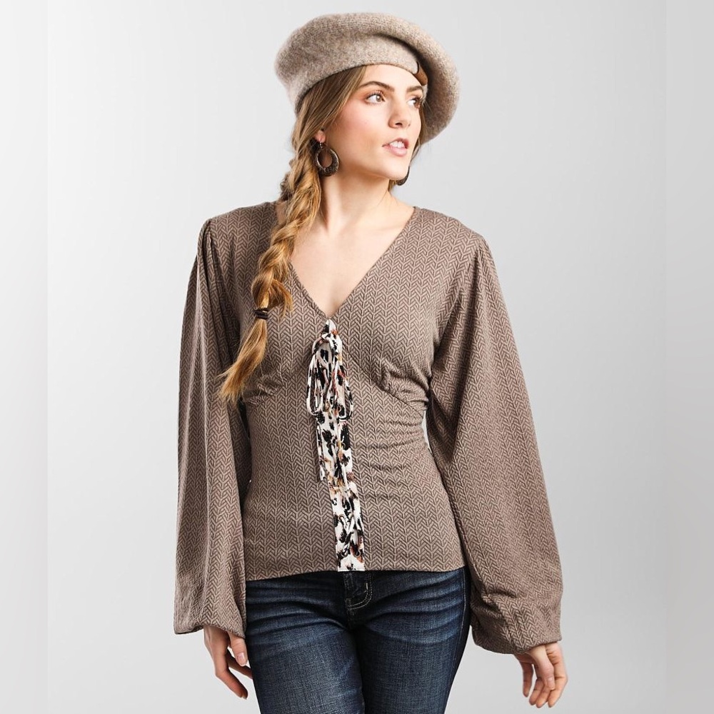 Gimmicks BKE Top Womens Small Textured‎ Lace Up Balloon Sleeves Boho